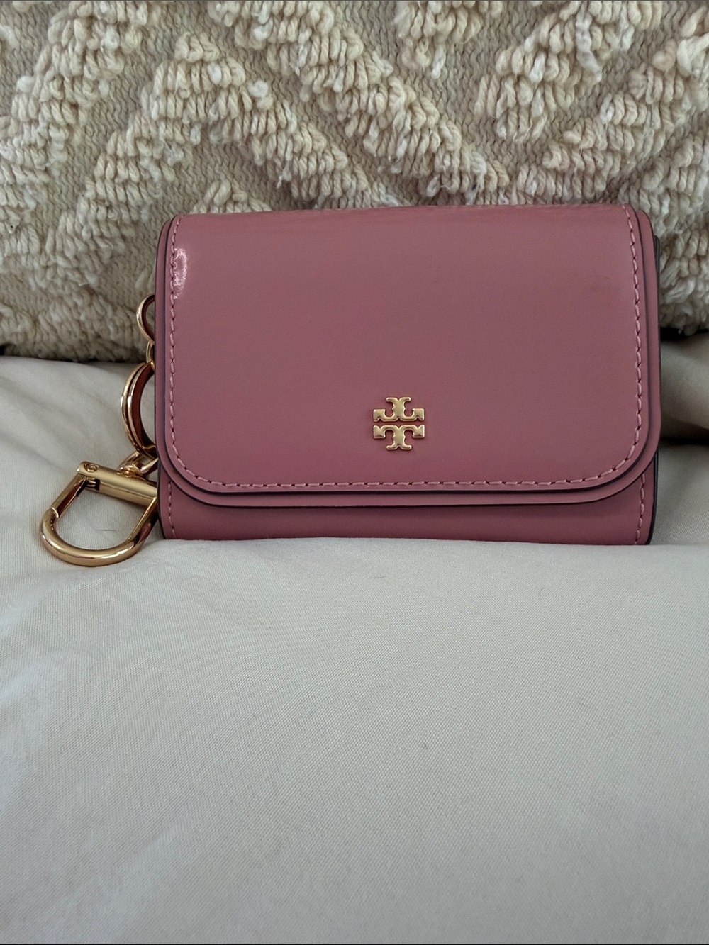 Tory Burch Rose Pink Leather Key & Card Holder with Gold Hardware